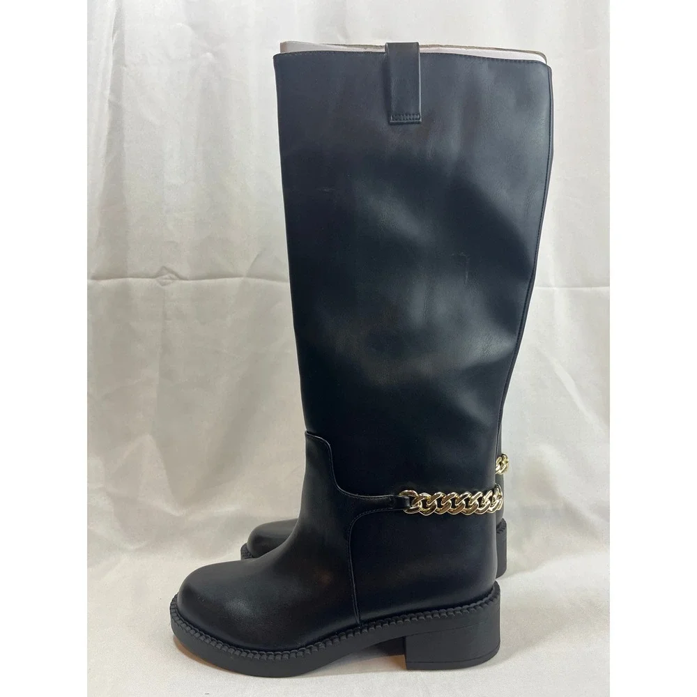A‎ New Day Womens Black Tall Boots with Gold Chain Detail Size 6.5 Knee High